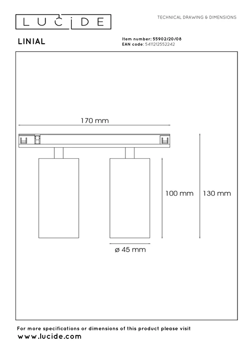 Lucide Premium LINIAL MOXX Spot sur rail - Système de rail monophasé / Éclairage sur rail smart - 2xLED - Canon Fusil Mat - technique